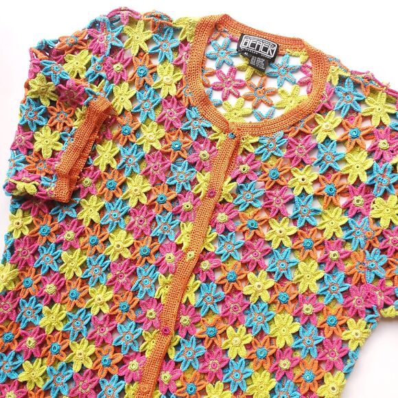 VTG Crochet Sweater XL Floral Colorful Embellished Cardigan Berek Takako Sakon - Picture 4 of 16